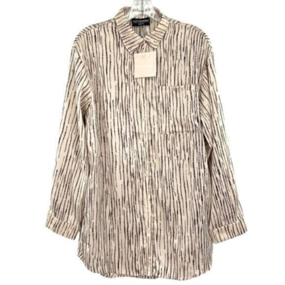 Kittenish Cream Oversized Button Down Satin Tunic Blouse New